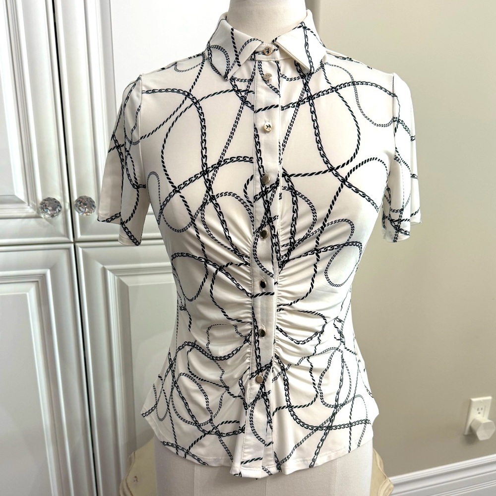 Pure Women’s Size Small White Short Sleeve Button Down Fitted Blouse w/Collar